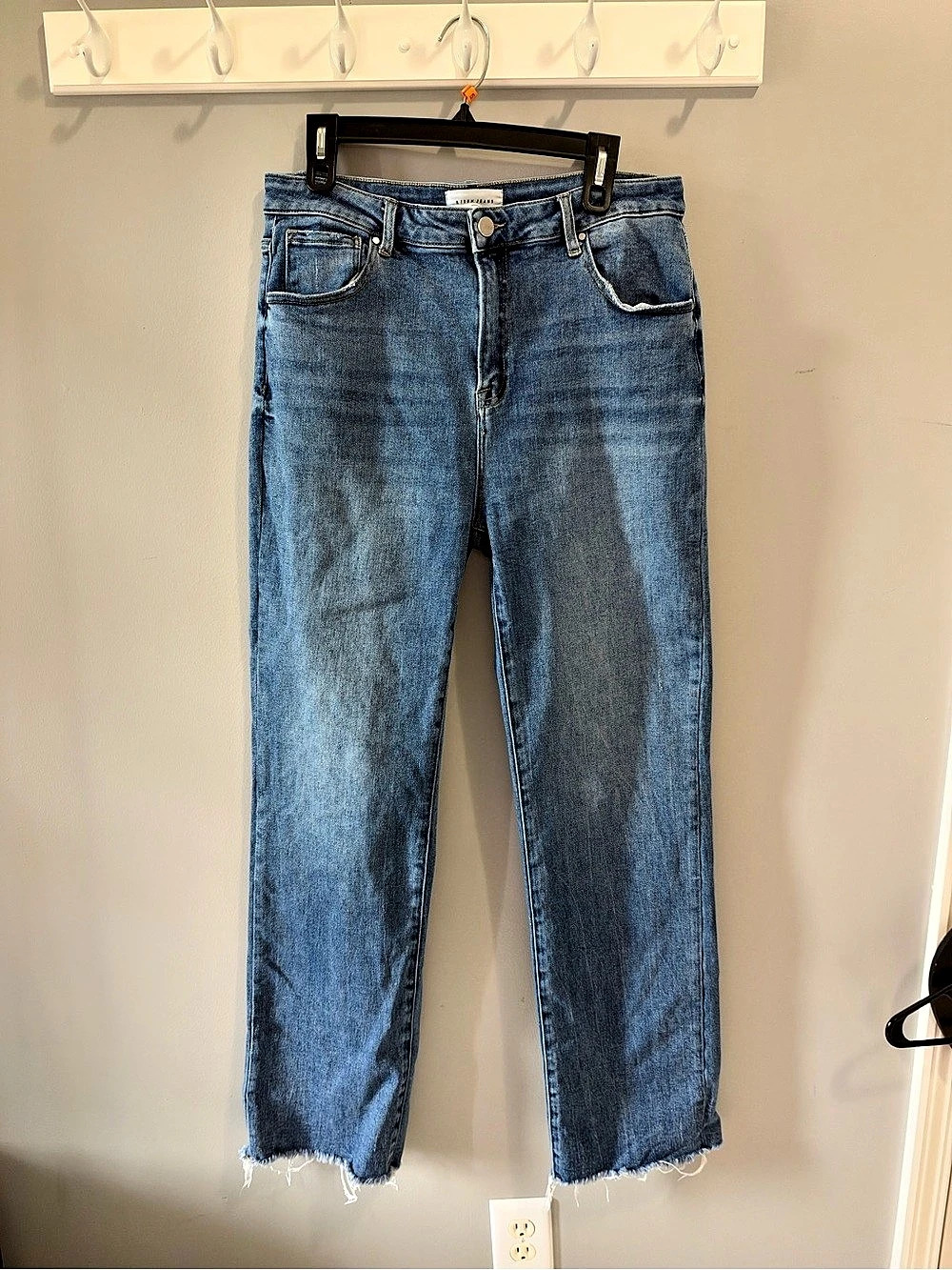Risen Jeans High Rise Raw Hem Straight Leg Jeans Blue 15/32
